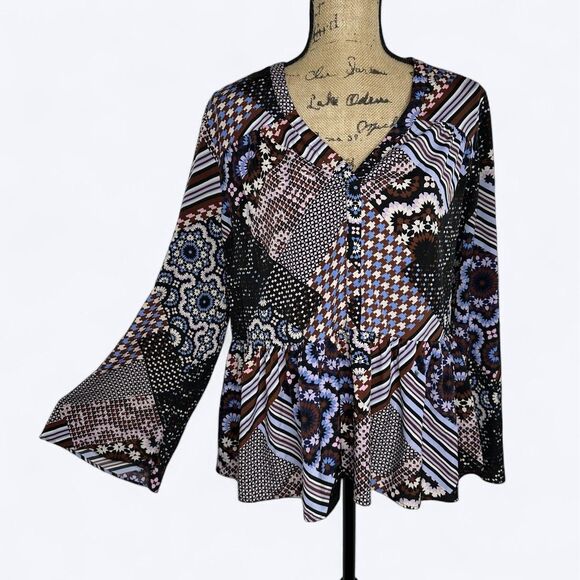 Nanette Lepore Peplum Top Blouse XL Mixed Patchwork Print Bell Sleeve Boho Gypsy - Picture 1 of 16